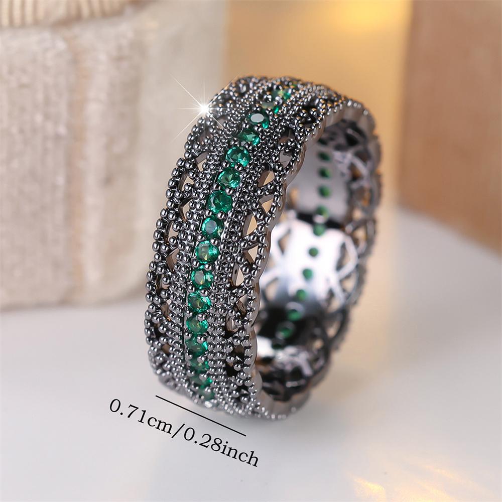 Single Row Green Zircon Small Round Stone Rings For Women Vintage Trendy Black Metal Engagement Ring Wedding Jewelry Bridal Gift