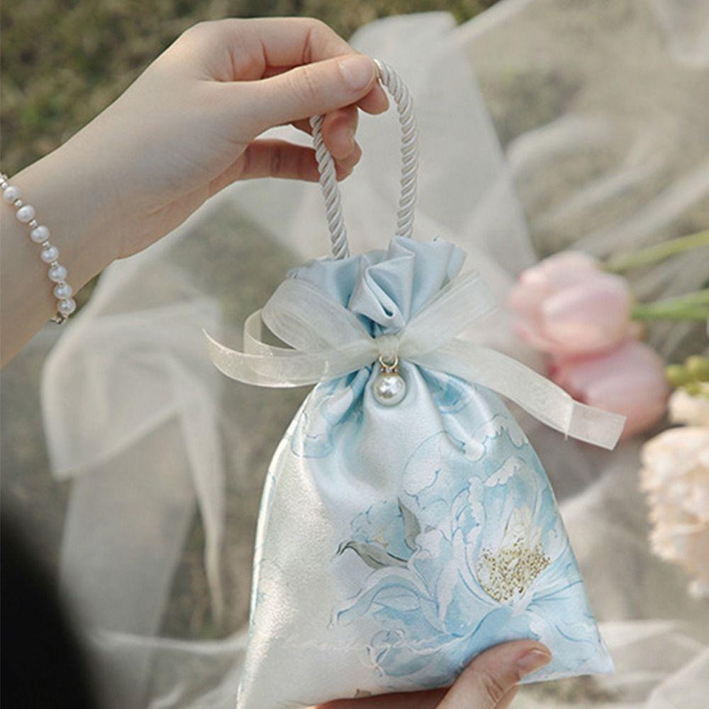 Korean Style Canvas Drawstring Bag Pearl Pendant Wedding Candy Bag Festive Sugar Bag  Festival