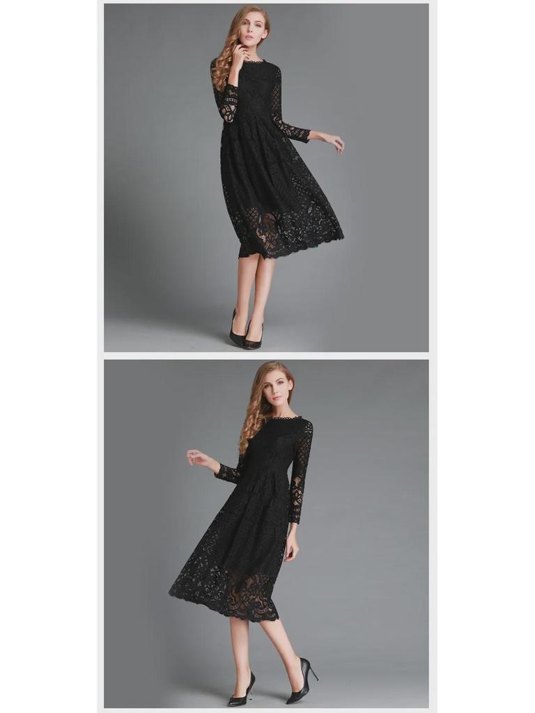 2025 Fall European & American Women's Lace Slim Midi Dress with Hollow Round Neck & Long Sleeves