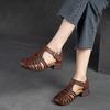 Dames Vintage Romeinse Sandalen - Bovenlaag Koeienhuid Gesp Enkelband Sandalen met 4cm Blokhak, Ronde Neus Comfortabele Zomerschoenen