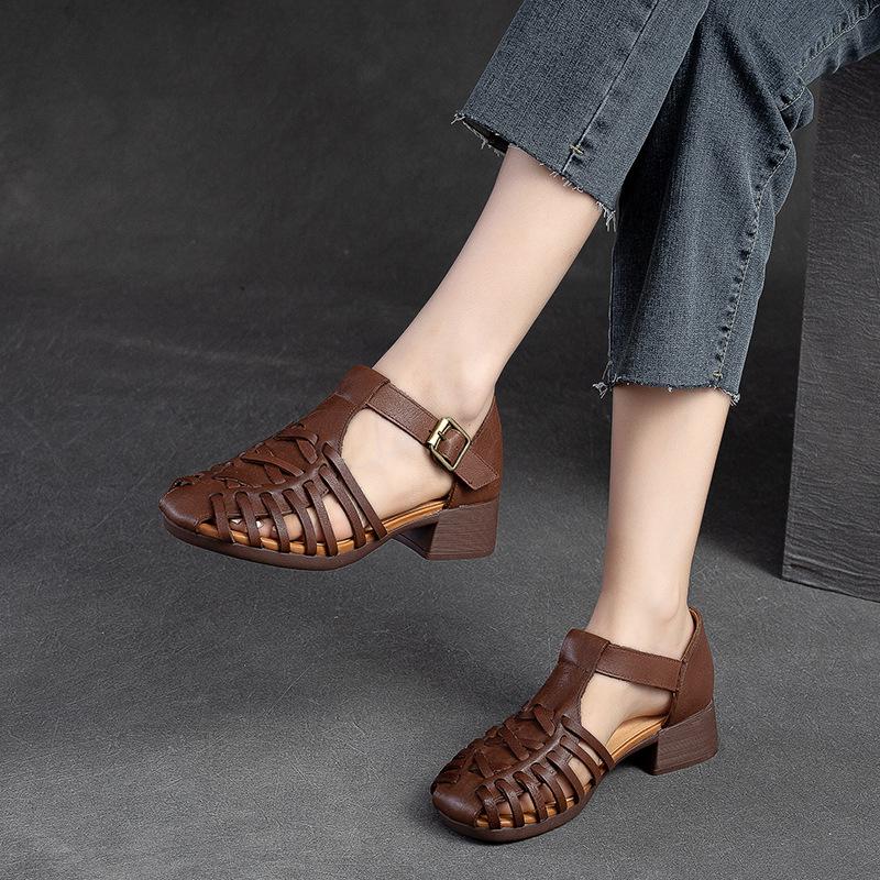 Dames Vintage Romeinse Sandalen - Bovenlaag Koeienhuid Gesp Enkelband Sandalen met 4cm Blokhak, Ronde Neus Comfortabele Zomerschoenen