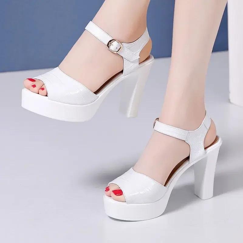 10cm 13cm Comfortable Genuine Leather Sandals Chunky Platform Shoes 2025 Summer Block High Heels Sandals Women for Office Model