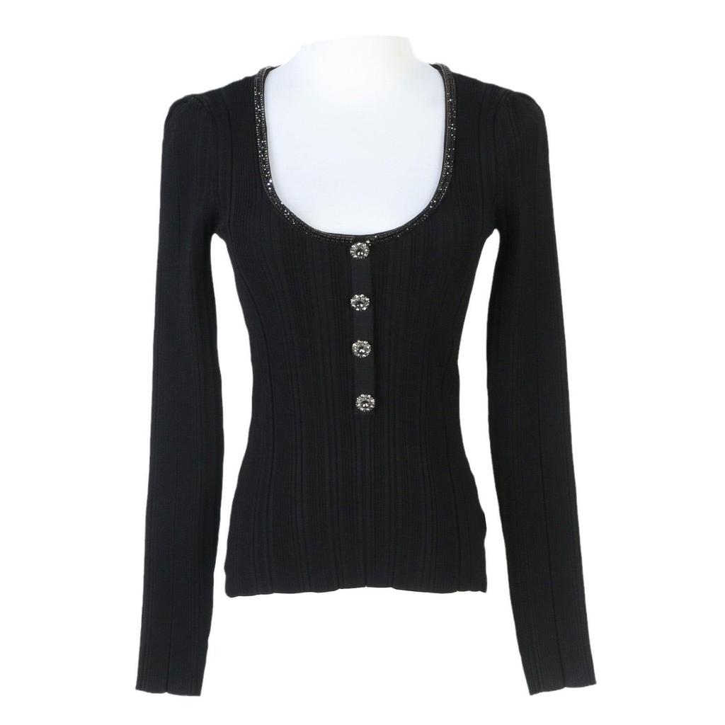 Zoya French 2024 Autumn/Winter Diamond-Embellished Slim Fit Long Sleeve Knitted Top