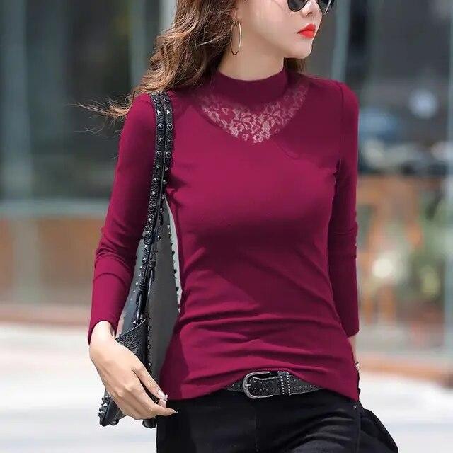

Теплая рубашка с длинными рукавами для женщин, осенне-зимняя новая кружевная футболка с высоким воротником, модные однотонные пуловеры, топ M красный