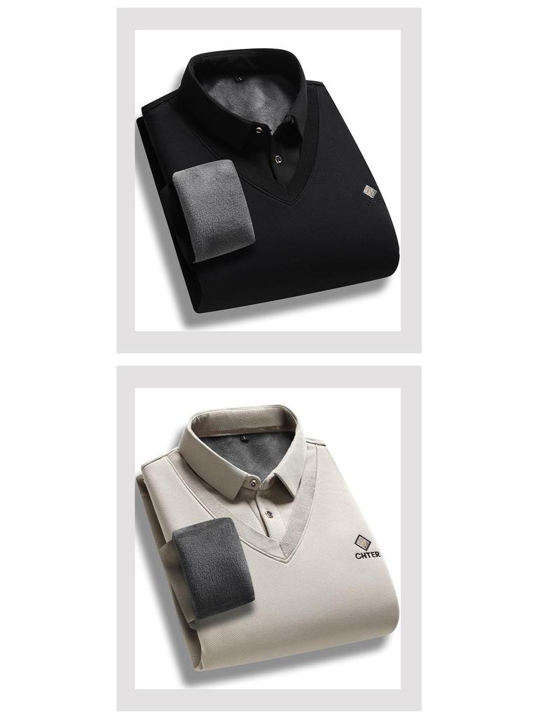 Hengyuanxiang Men's Plus Velvet Two-in-One Warm Shirt, Spring/Autumn Fashion Casual Top