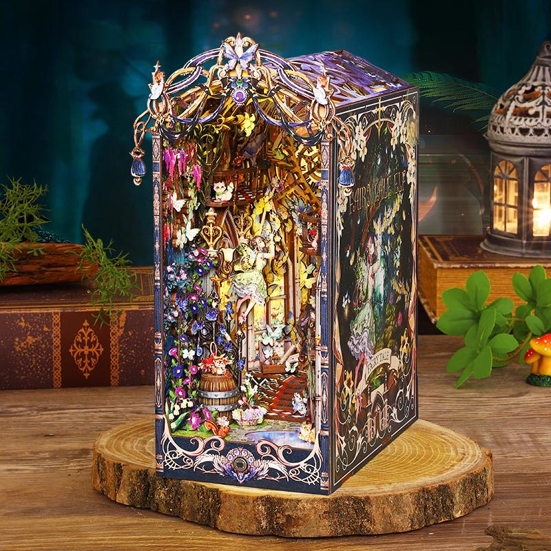 Retro DIY Wooden Puzzle Book Nook Shelf Insert Miniature Kits Fairy Tale Elf Doll House Home Bookend Decoration For Handmade Gifts