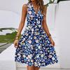 Women's Spring And Summer Casual V-Neck Sleeveless Waist Floral Print Midi Dress