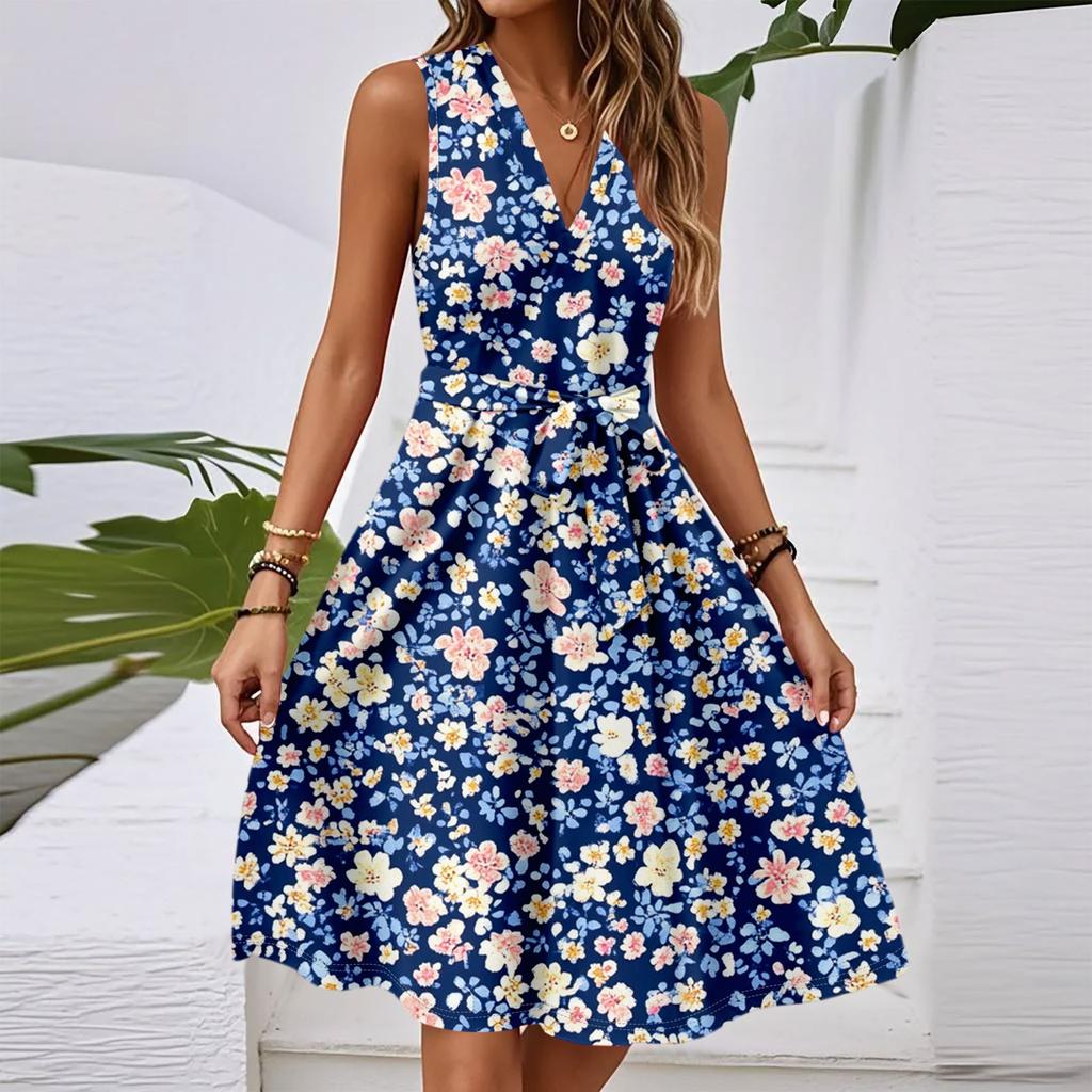 Women's Spring And Summer Casual V-Neck Sleeveless Waist Floral Print Midi Dress