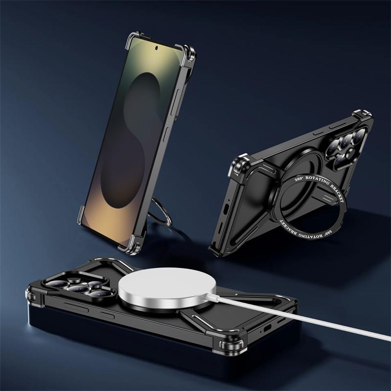 For Samsung Galaxy S25 S24 S23 Ultra Metal Magnetic Phone Case Aluminum Alloy Frameless 360° Rotating Bracket Shockproof Cover