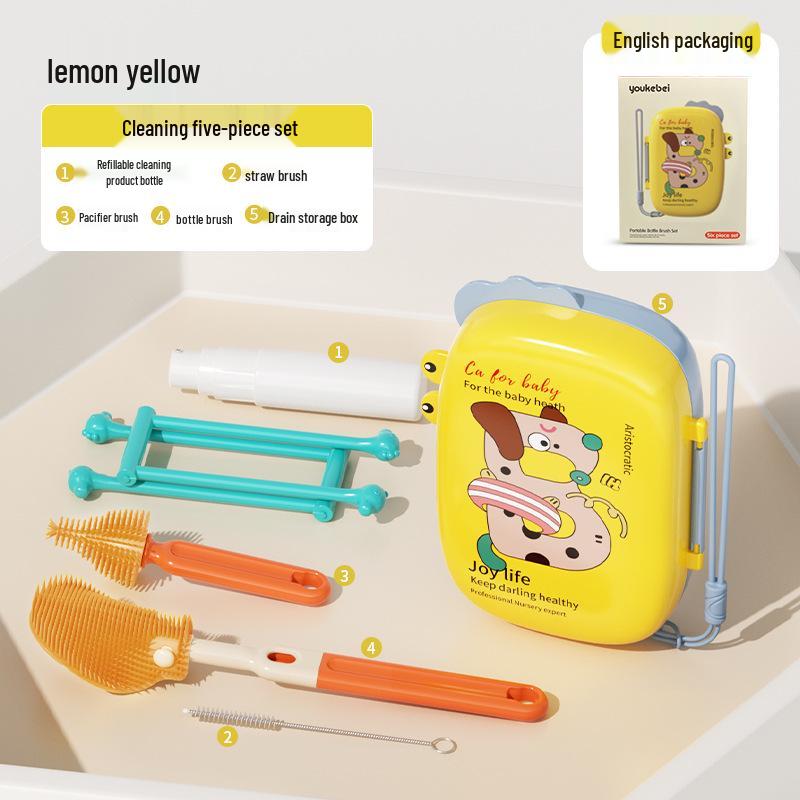 Portable Baby Bottle & Nipple Cleaning Brush Set with Drain Rack and Storage Box