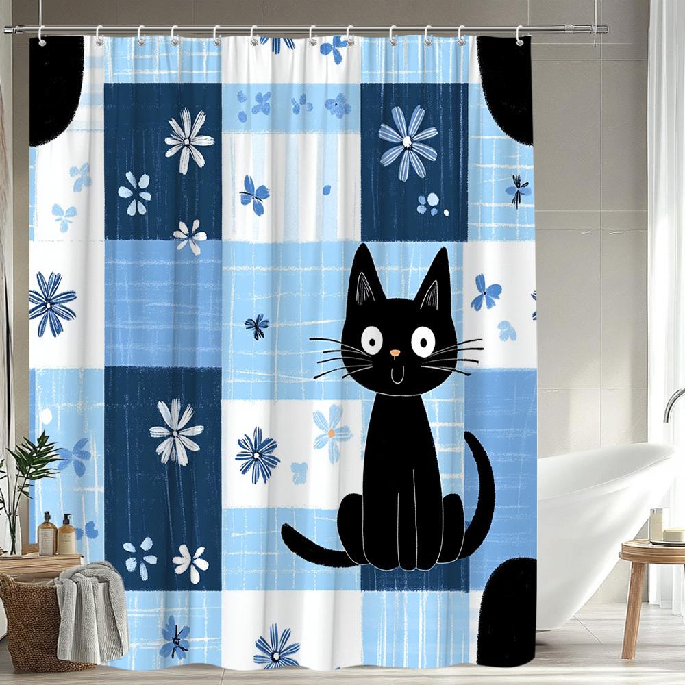1Pc Cartoon Cat And Floral Pattern Shower Curtain Lively And Cute Animal Design Suitable For Bathroom Decoration Polyester Fabri