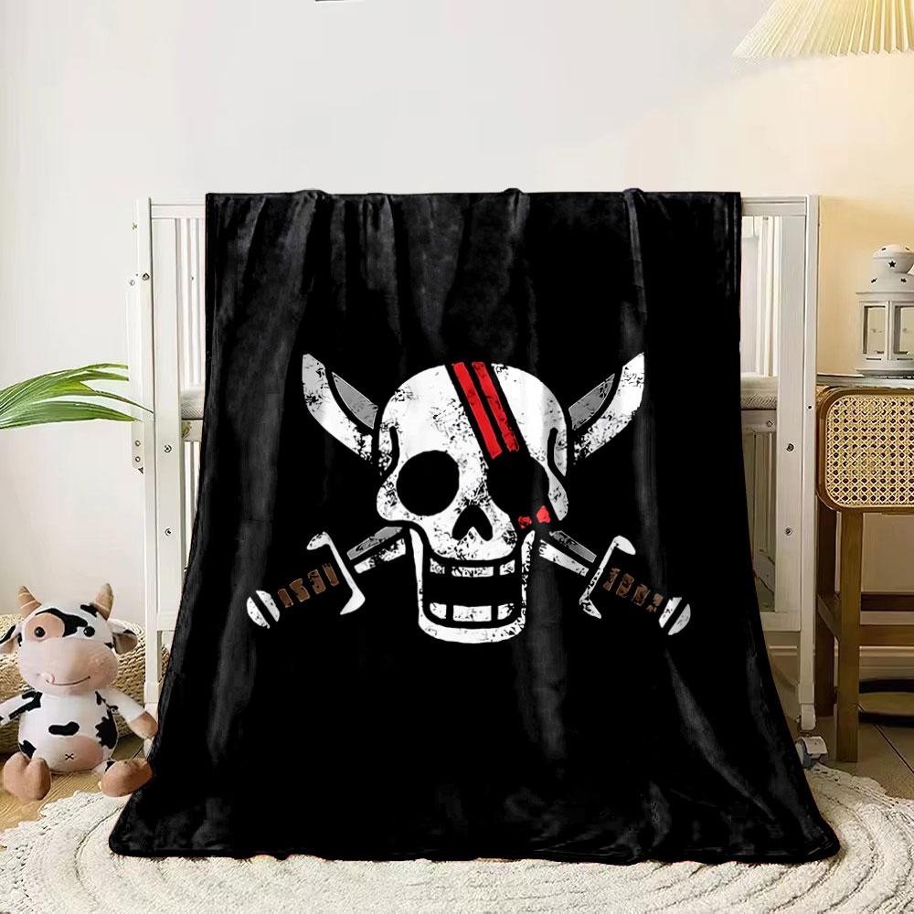 

A distressed skull with red stripes and crossed swords on a black background. for all seasons blanket lunch break throw gift 80cm x 120cm