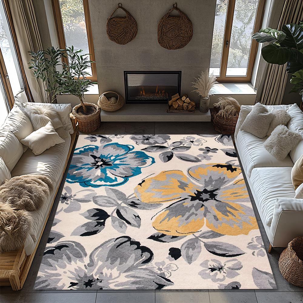 Cream Floral Bohemian Rug, Multicolor Pattern Non-Slip Carpet, Cozy Living Room Mat for Vintage Home Decor