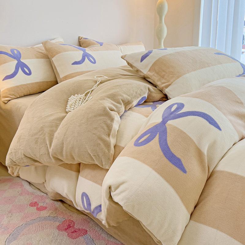Thickened Milk Fleece Four-Piece Set Double-Sided Coral Flange Fleece Bed Sheet Quilt Cover Three-Piece Set Of Bed Hat