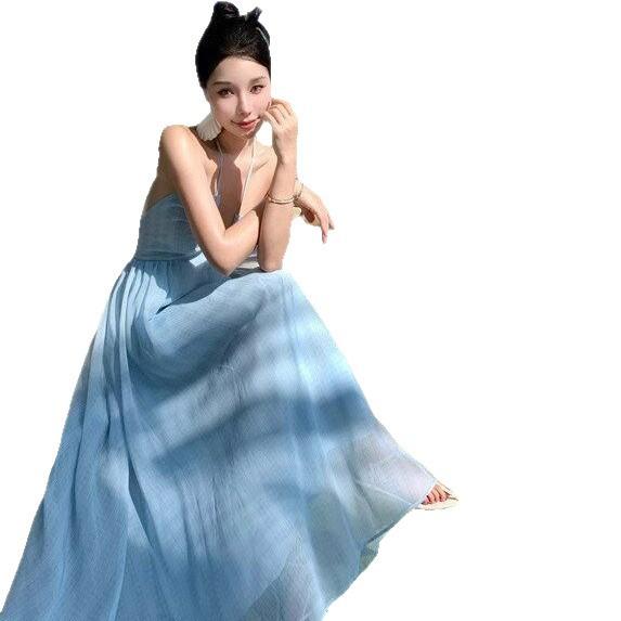 Seaside Vacation Super Fairy Atmosphere Halter Beautiful Sanya Photo Skirt French Neck Suspender Dress Summer