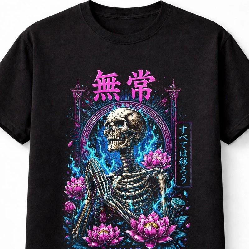 Mujo Japanese Skeleton Lotus Gothic Anime Graphic Unisex TShirt S