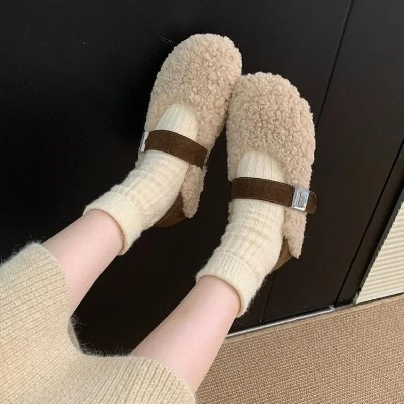 Fashion Color Matching Women's Flats  2024 Hot Sale Ladies Shoes Buckle StrapCasual Flat Shoes New Short Plush Flat Low Heels