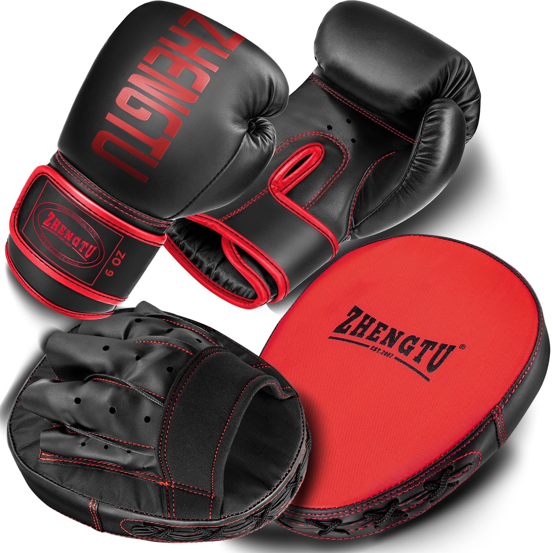 

ZHENGTU Boxing Gloves and Mitt Set with Punching Gloves, One Size Fits All, for Martial Arts, Karate, and Practice, Perfect for Exercise (Black & Red)