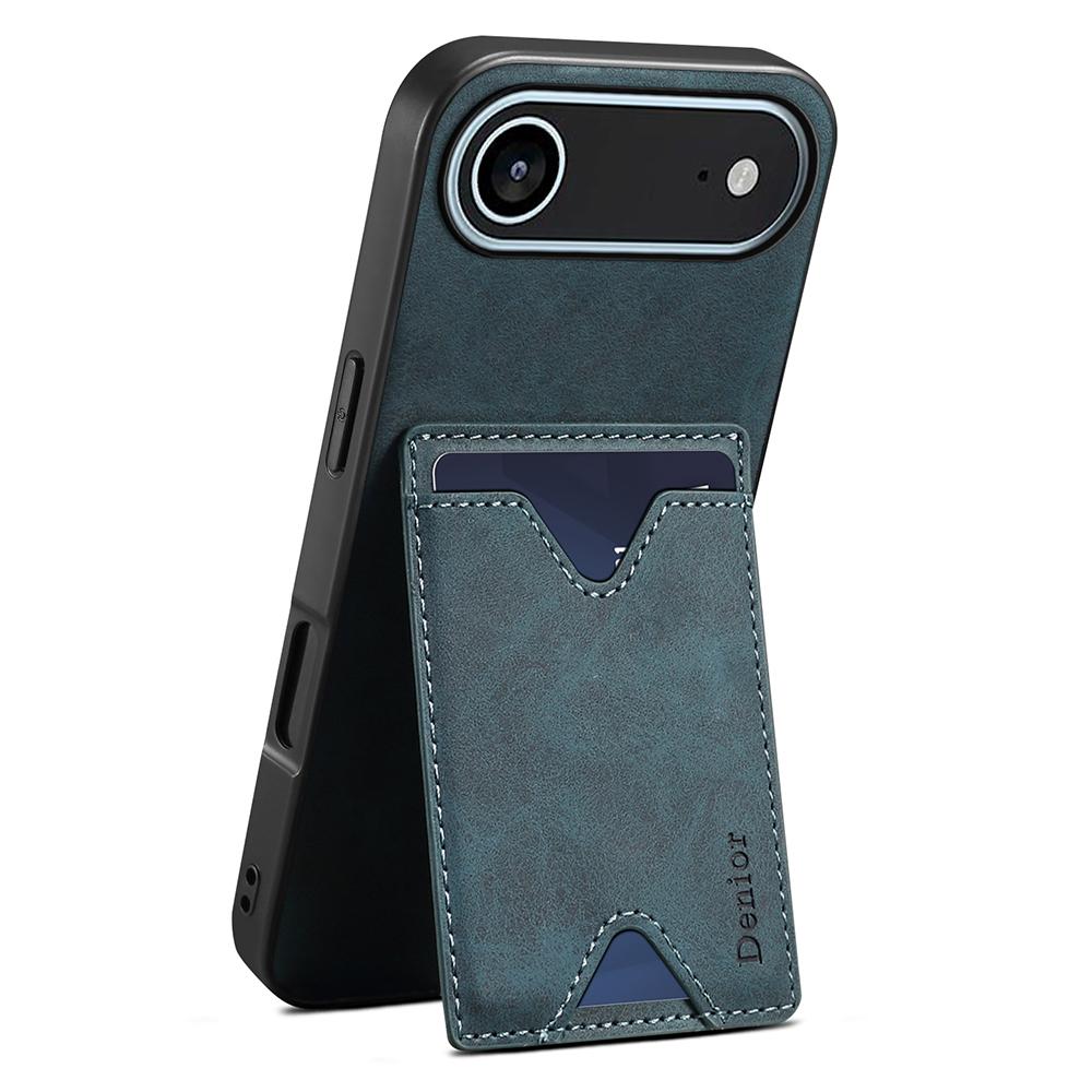

DENIOR For iPhone 17 Air Case Card Holder Kickstand Leather+PC+TPU Phone Cover Blue