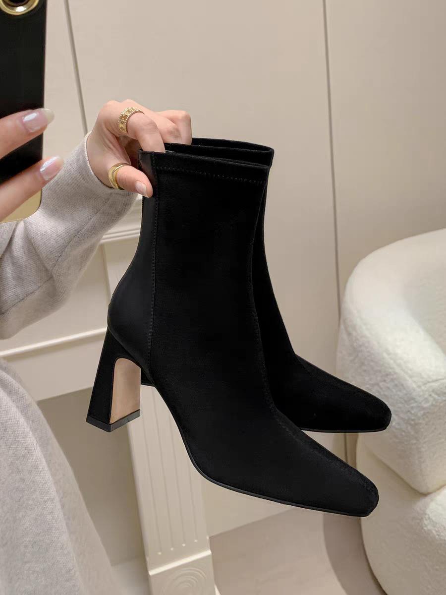

Французские ботильоны с квадратным носком и толстым каблуком, женские замшевые комбинированные ботильоны на высоком каблуке с задней молнией, эластичные тонкие ботинки-носки, осенне-зимние 34 чёрный