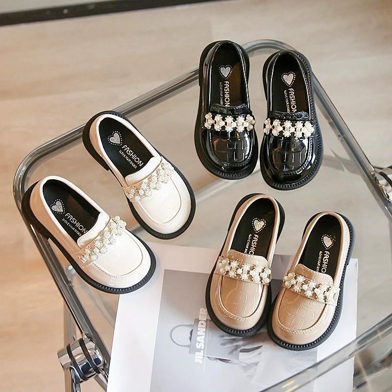 Kids PU Leather Shoes Korean Fashion Girls Pearl Casual Princess Shoes Little Girl Soft-soled Leather Shoes