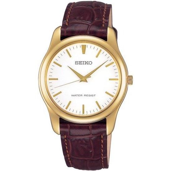 SEIKO SELECTION SCXP032 reloj de pulsera unisex para hombre de cuarzo a pilas ancho de caja 35 mm correa de cuero esfera blanca acero inoxidable color oro amarillo.