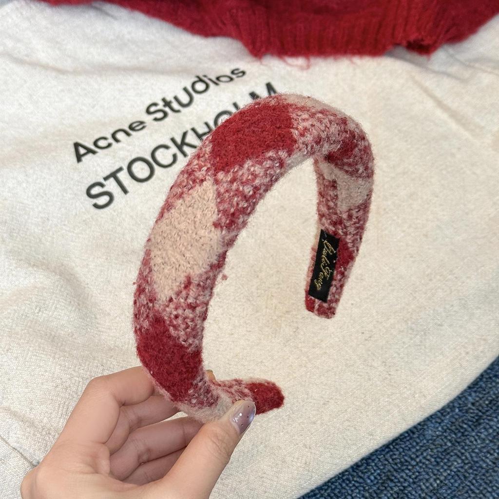 Women's Red Plaid Wool Wide-Brimmed Headband - Perfect for Christmas & New Year Outings