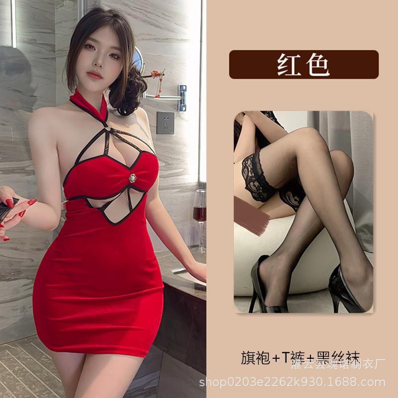Sexy neck-hanging sex cheongsam large-scale free cheongsam flirting sex nightclub hottie tight hip-wrapped skirt