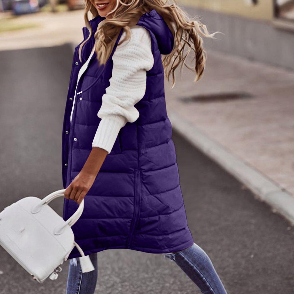 Women's Hooded Padded Vest Color Single-Breasted Mid-Length Slim Fit Sleeveless Jacket Coat