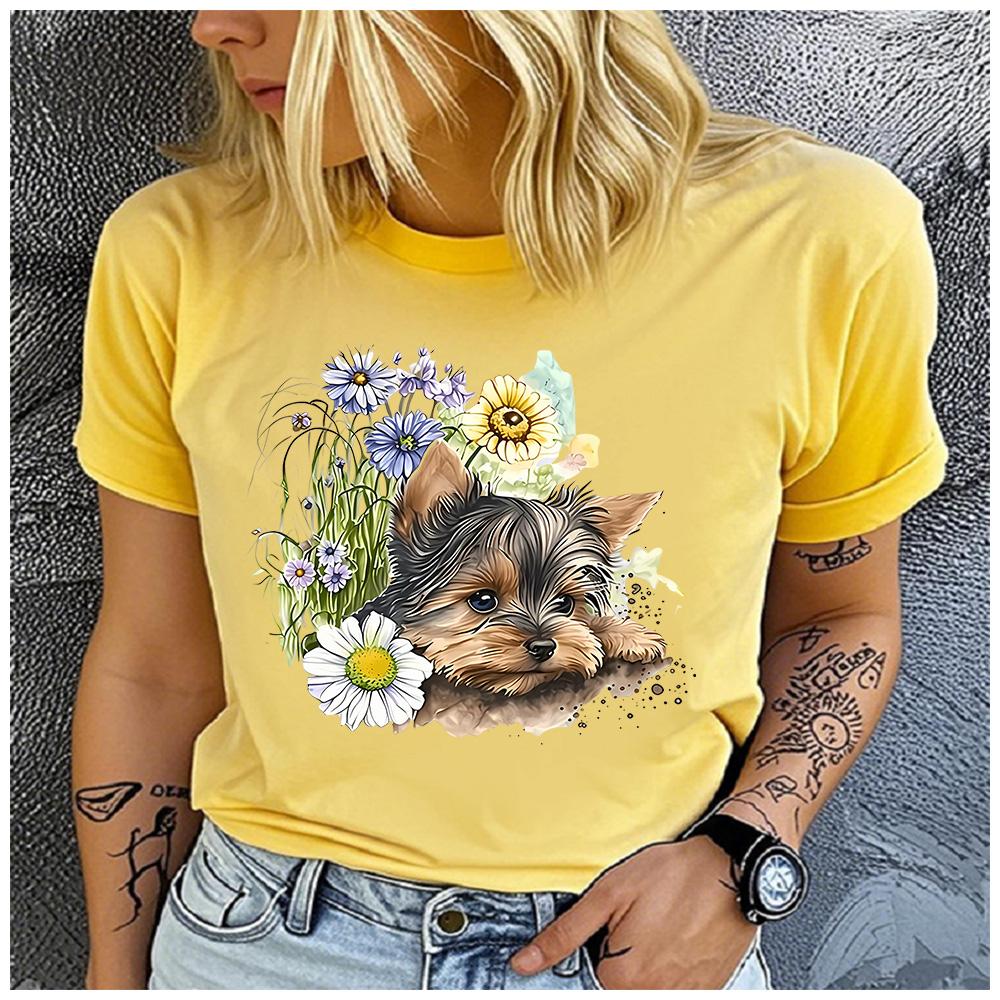 Cotton Vintage Floral Yorkshire Terrier Print Women T Shirt Cute Yorkie Dog Lover Casual Short Sleeve Graphic Tee