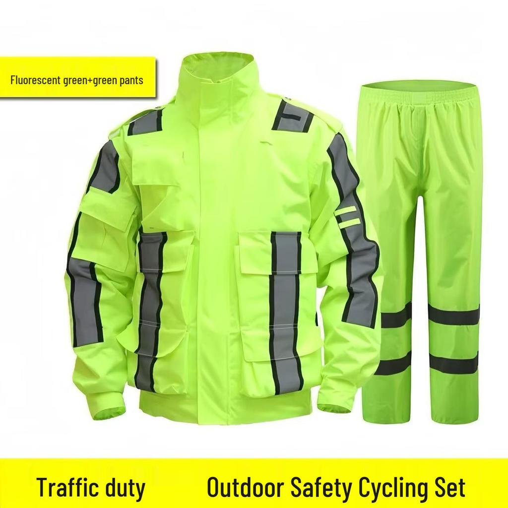 Stormproof Reflective Raincoat Workwear Set - Double-Layer Waterproof Two-Piece for Outdoor Traffic Duty