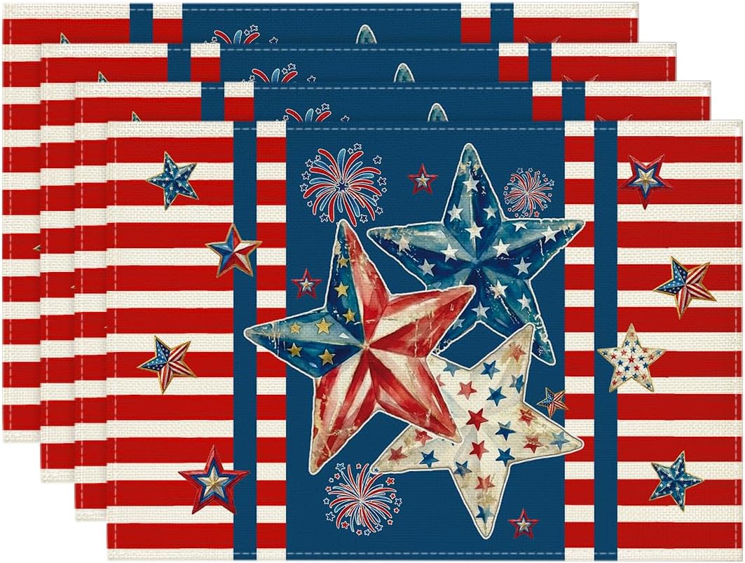 

Stripes Stars American Flag 4th of July Placemats Set of 4, 12x18 Inch Memorial Day Patriotic Table Mats for Party Kitchen Dining Decoration 4pcs-12x18