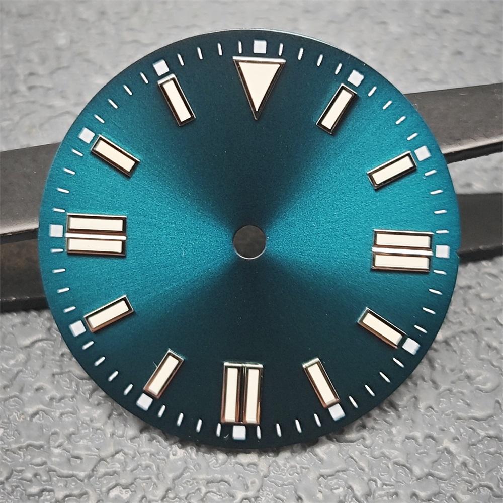 28.5mm Green Luminous Watch Dials Sunray Strips Nails No Date Watch Faces Replace Accessories for NH35/8215/2813/2836 Movements