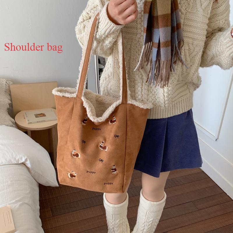 Retro Embroidery Women Faux Suede Shoulder Bags Large Capacity Faux Lamb Wool Crossbody Bag Female Double-Sided Bucket Tote