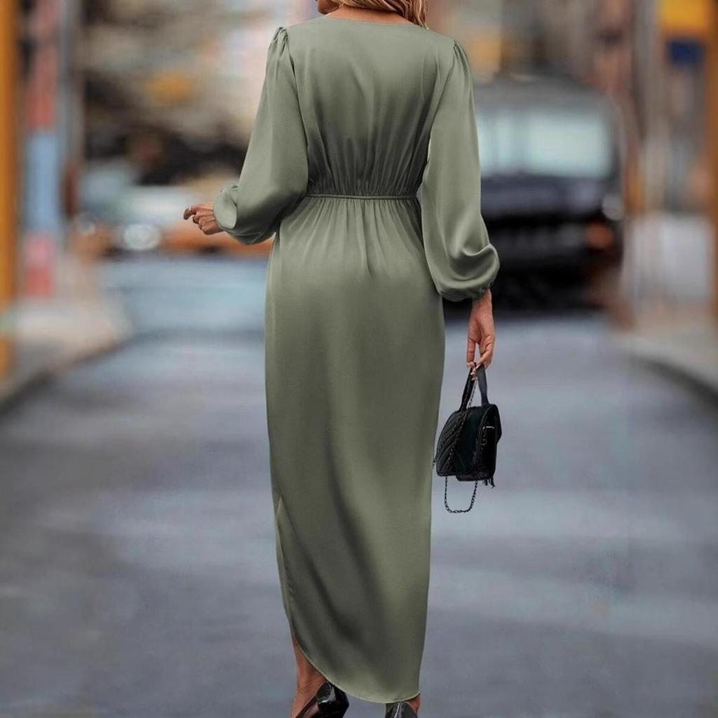 Damen Satin Laternenärmel Kleid: Frühling/Sommer Schlitz Unregelmäßiges Langes Kleid.