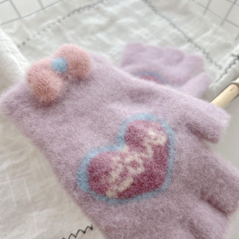 Winter New Women's Half-finger Older Children Keep Warm, Five-finger Writing Love Bow Cute Knitted Gloves
