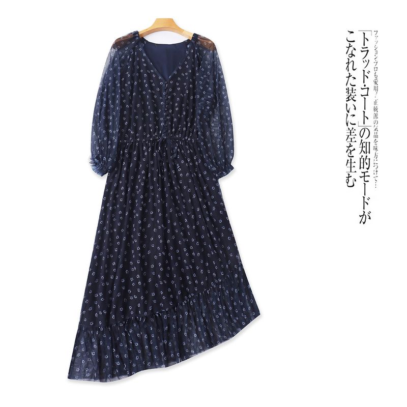 

Lace Printing Dress Summer New Foreign Trade Women clothes V-neck Button Pullover Long sleeve Asymmetric Skirt 31785 Navy Blue Bottom Flower B- 9-15-3 44/S