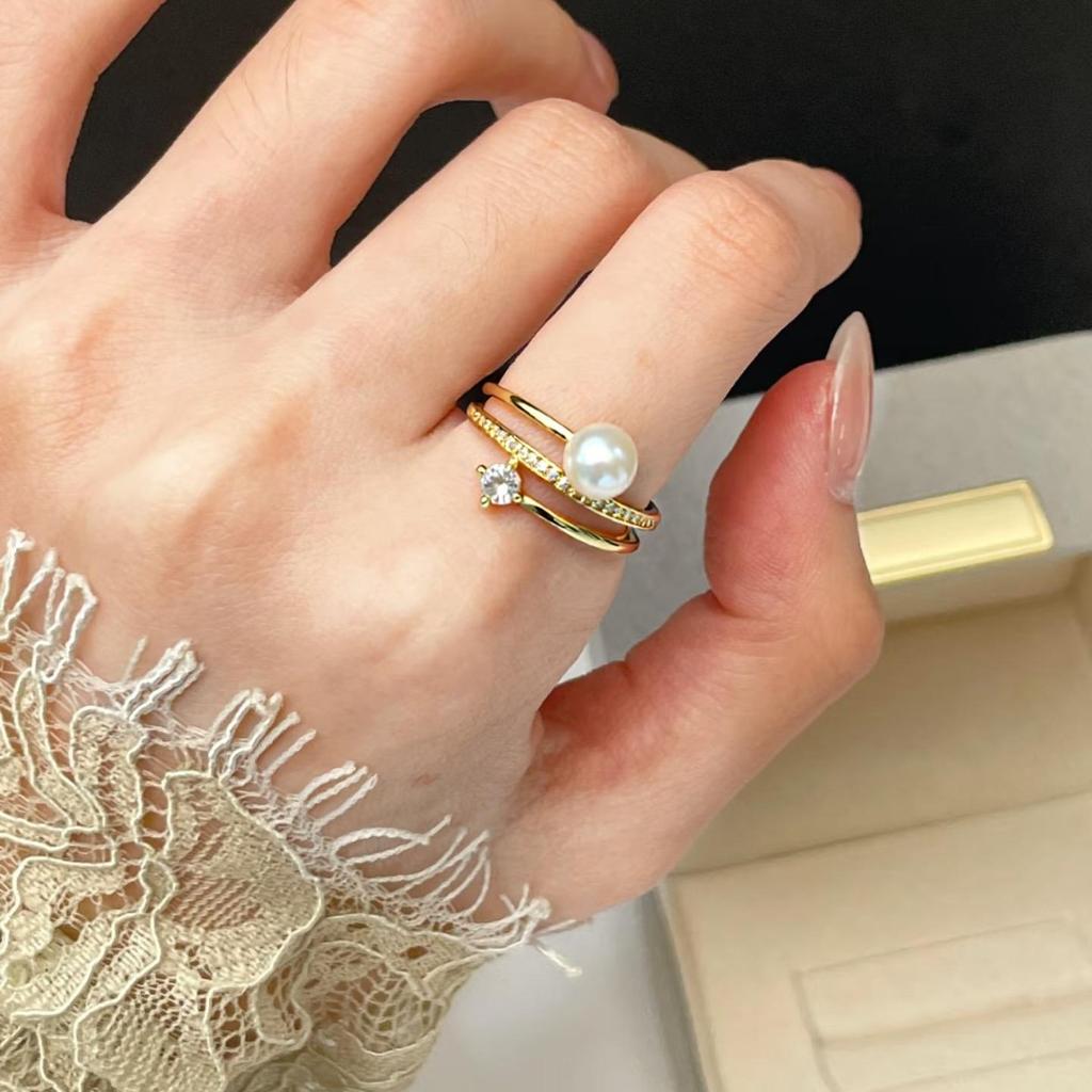 Natural Freshwater Pearl Loop Ring, Pearl Fashion Multi-layer Zircon Minimalist Gift Ring