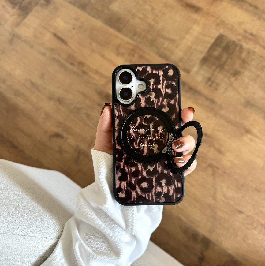 

High-End Leopard Print Black Edge 360° Stand Phone Case for Apple 16/17 16