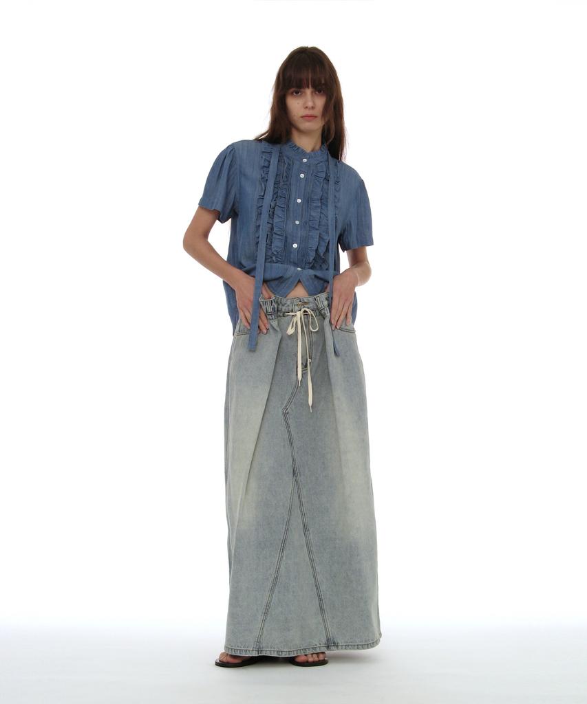 PARTIMENTO WOMEN Scarf Ruffle Pintuck Blouse_Denim