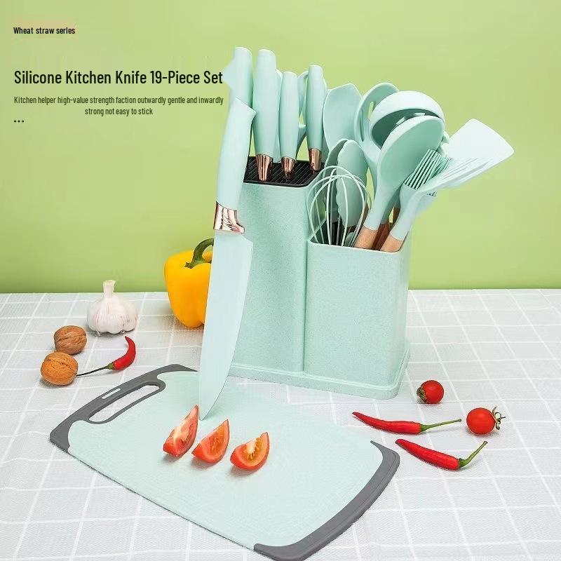 19-Piece Silicone Kitchen Knife Set with Holder: Chef Knife, Cooking Spoon, Shovel, and Household Cutlery.