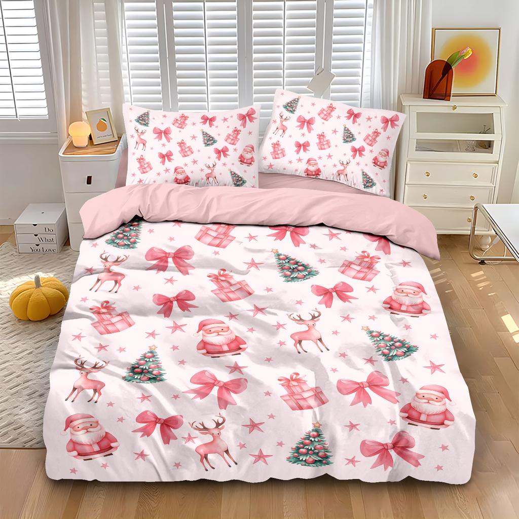3pcs Pink Christmas Printed Chipless Bedding Set Bedroom Dormitory 1 Duvet Cover+2 Pillowcases Multi Size Machine Washable Set
