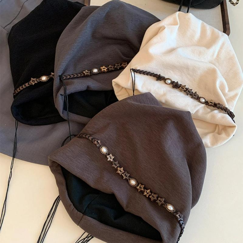 Vintage Y2K Baggy Cap Star Fringed Boho Chain Decor Beanies Cap Versatile Ethnic Style Autumn Winter Pullover Hats Streetwear