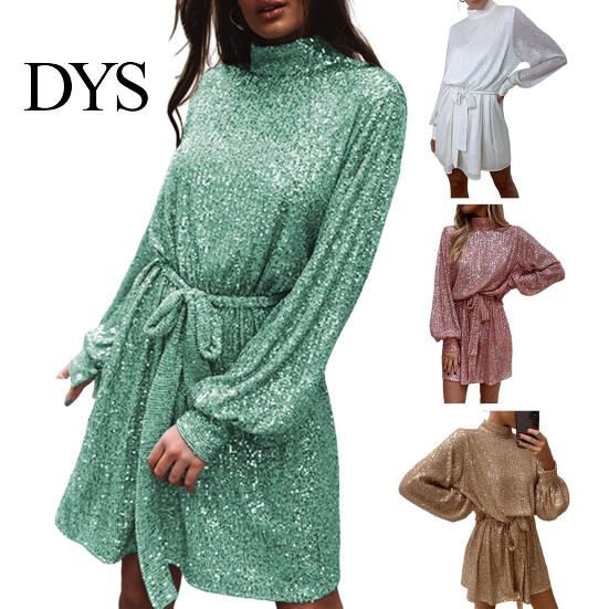 Solid Sequin Dress for Women Sequined Lace Up O-neck Long Sleeve Short Color Center of Attention Spring Autumn with Waist Tie Parties Weddings