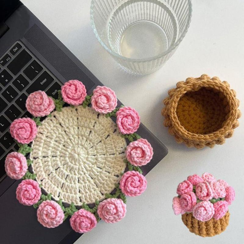 Diy Rose Bouquet Coaster Material Kit Handmade Crochet Flower Placemat Cupmat Home Desktop Potted Plant Ornaments Gift