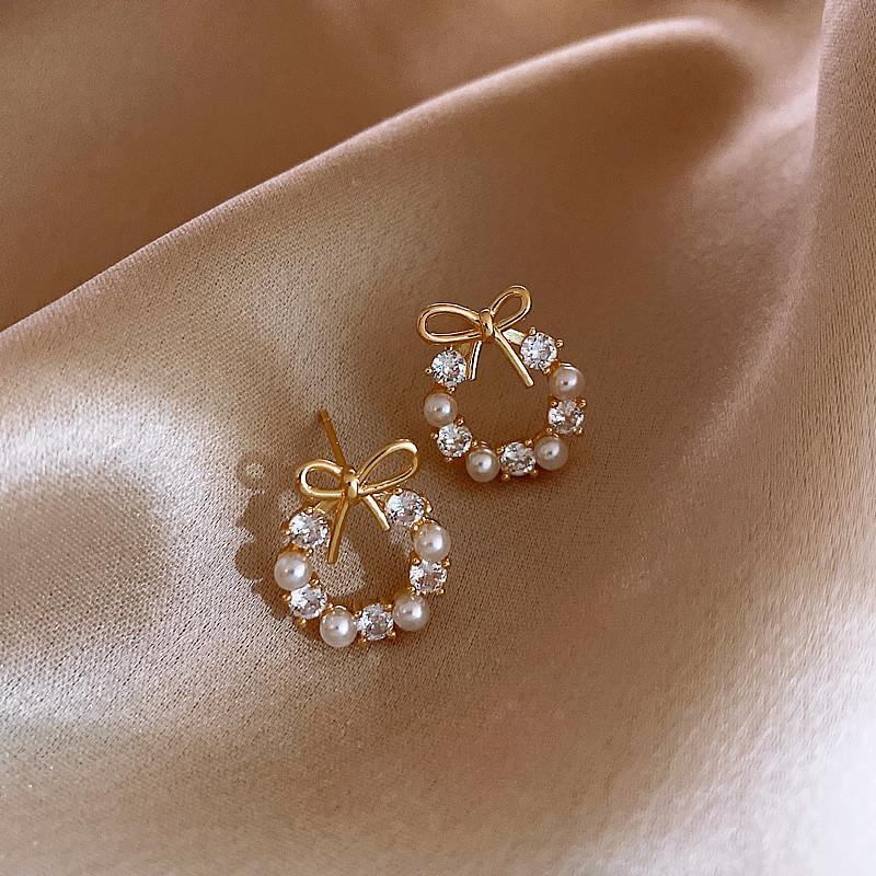 Gold Plated Bow Circle Stud Earrings With Faux Pearl Shiny Cubic Zirconia For Wedding Date Daily Wear