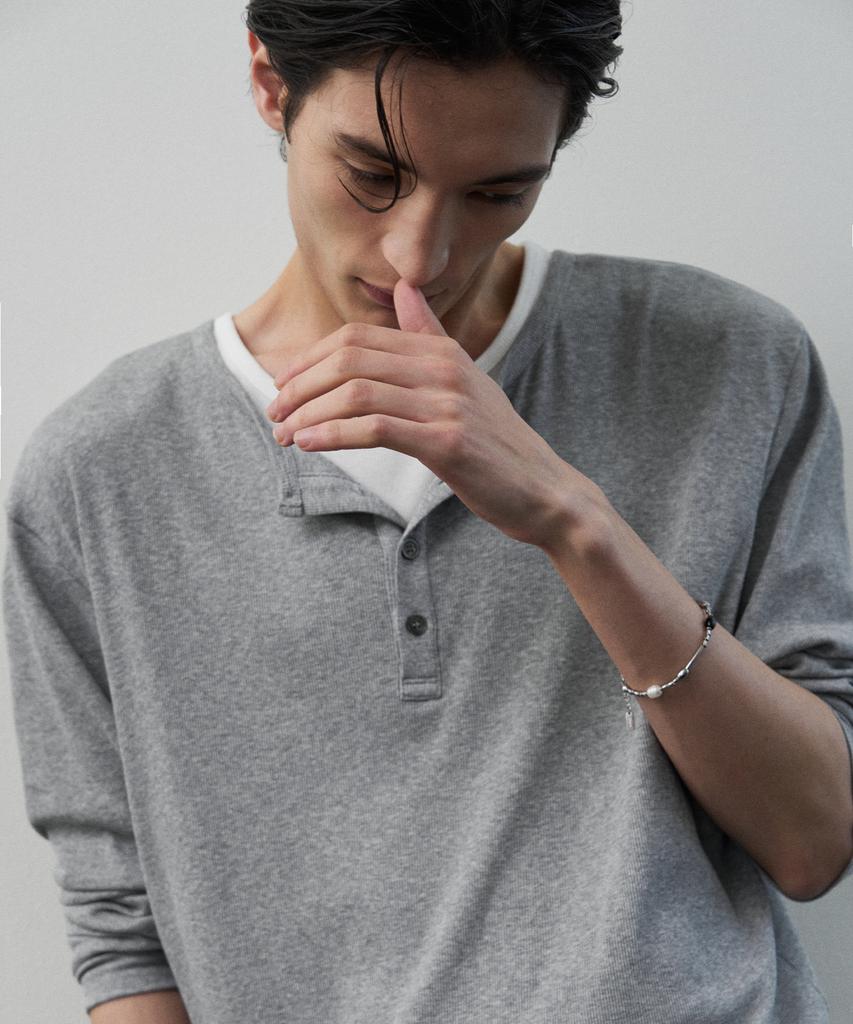 Beulleieo Double Layering Ribbed Henley Neck T-Shirt [M.Grey]
