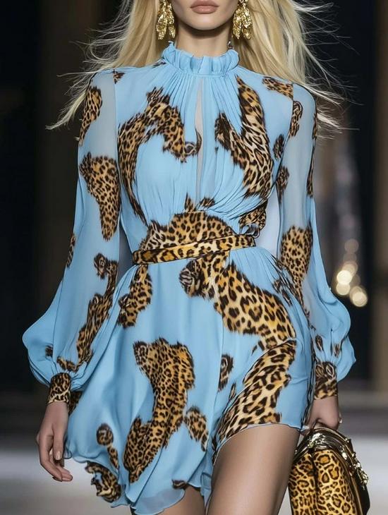 

Chic Leopard Print Sky Blue Chiffon Mini Skirt Medium небесно-голубой