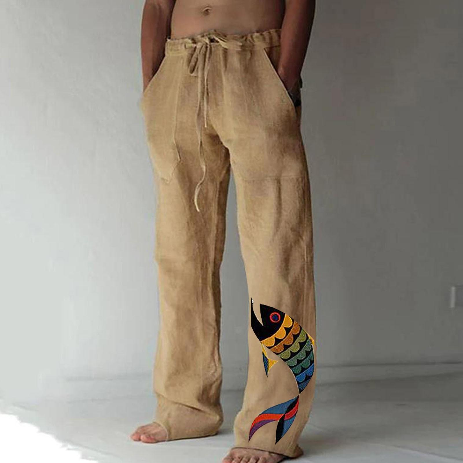 

Men s Loose Casual Color Cotton Linen Trousers Elastic Tie Printed Straight Pants XL хакі