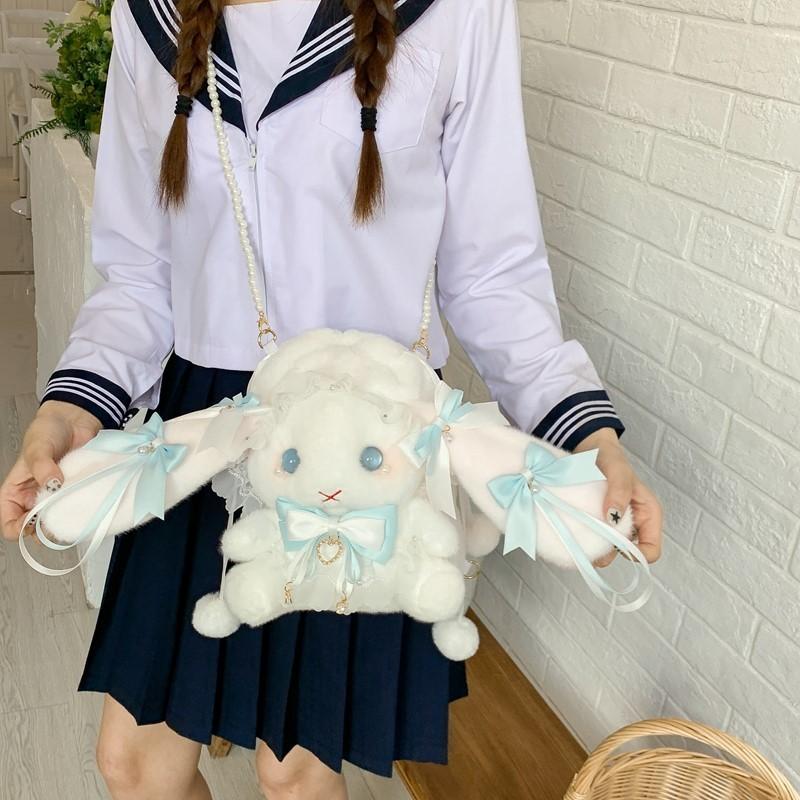 Bow Tie Drawstring Rabbit Plush Backpack With Pearl Chain For Daily Use